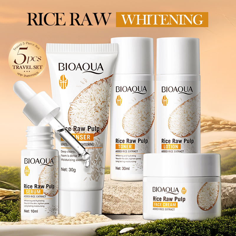 Skincare Whitening - ライスピューレスキンケアセット 美白 ブライトニング 保湿 鎮静 洗顔料+化粧水+美容液+乳液+クリーム