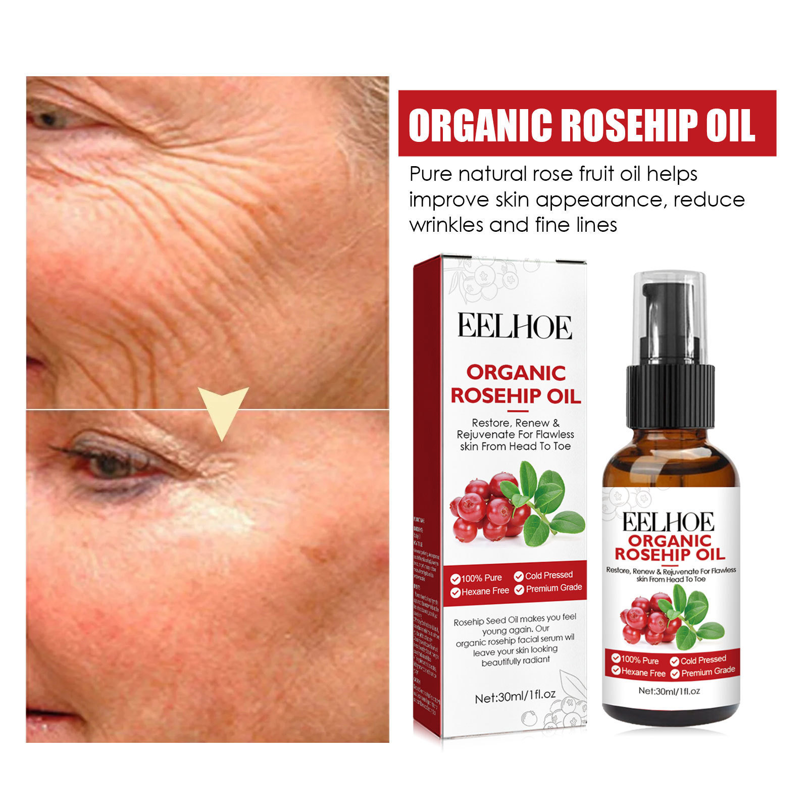 30 ミリリットルローズヒップオイル顔血清保湿とフェードしわ - Face Oil Rosehip のレビューと価格